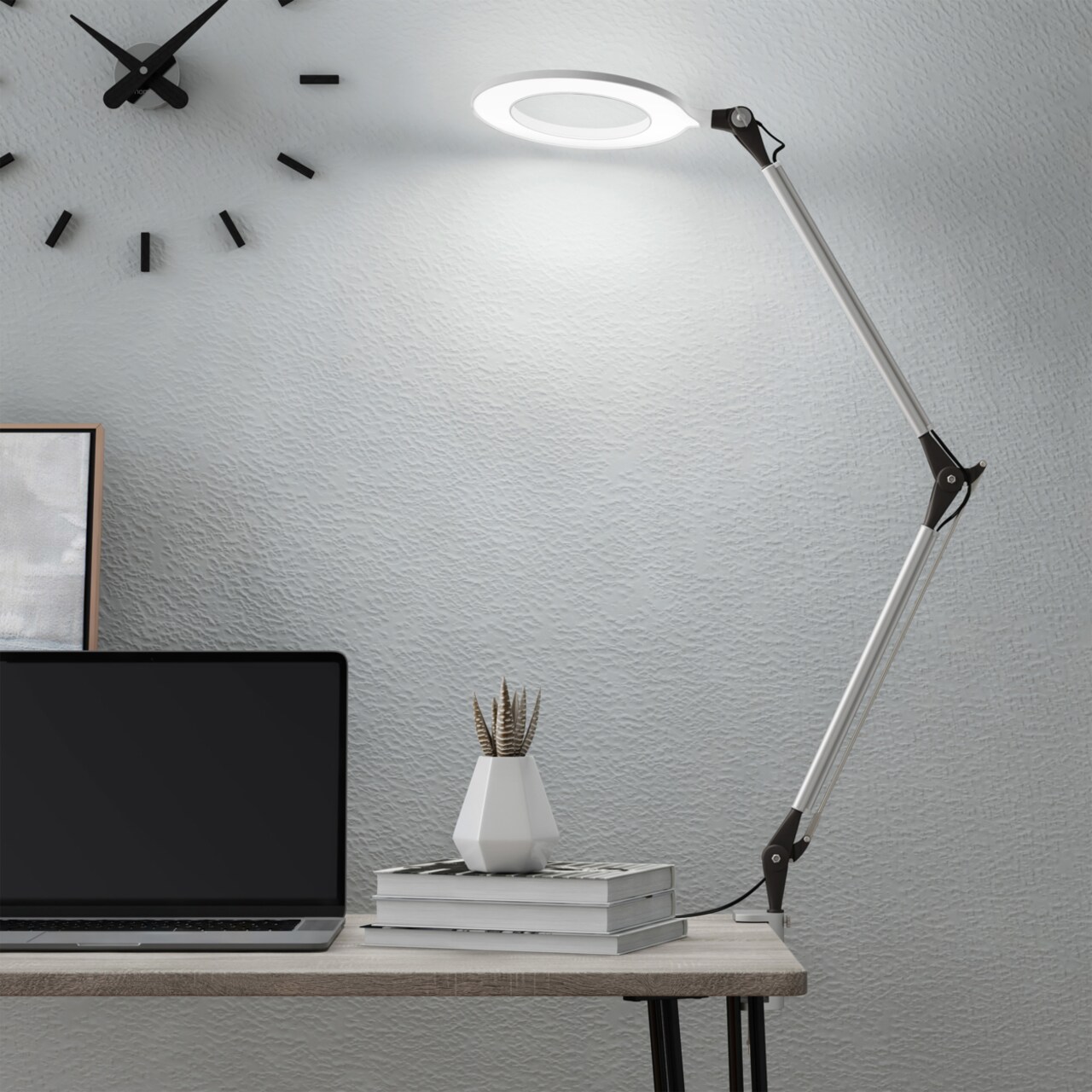 Lavish Home Swing Arm Architect Task Lamp with Clamp LED Ring Light Stepless Dimming High CRI 95 Eye Friendly Light for Reading and